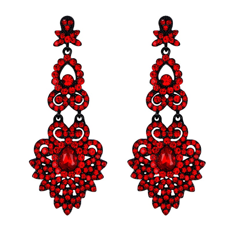 Flyonce Bridal Crystal Vintage Style Art Deco Chandelier Dangle Earrings for Women Red, Wedding Jewelry - Image 1